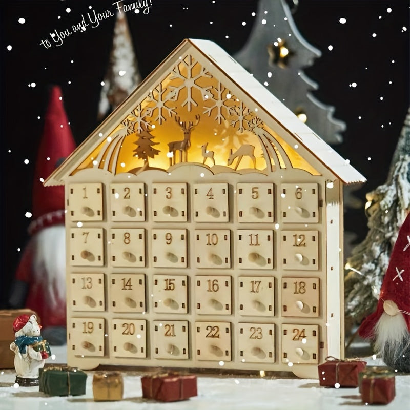Calendrier de l'Avent maison en bois lumineux. Décoration de Noël festive pour une ambiance familiale magique.