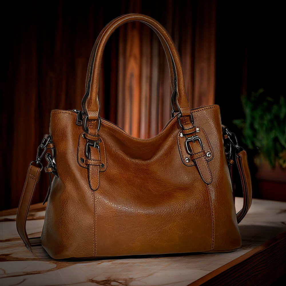 Sac à main bandoulière femme en cuir marron, style élégant, idéal pour la ville et le bureau.