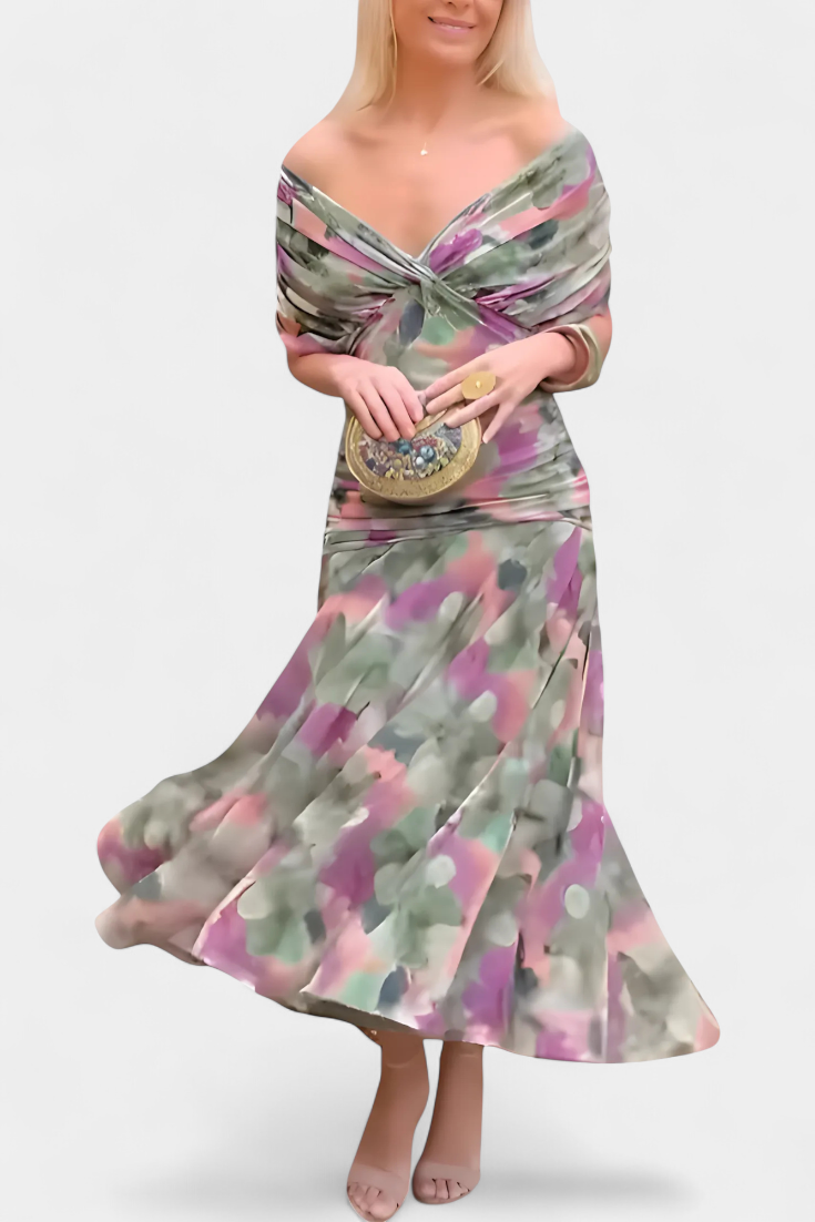 Robe florale maxi, col V, fluide, mode femme, idéale pour un événement spécial. Robe longue.