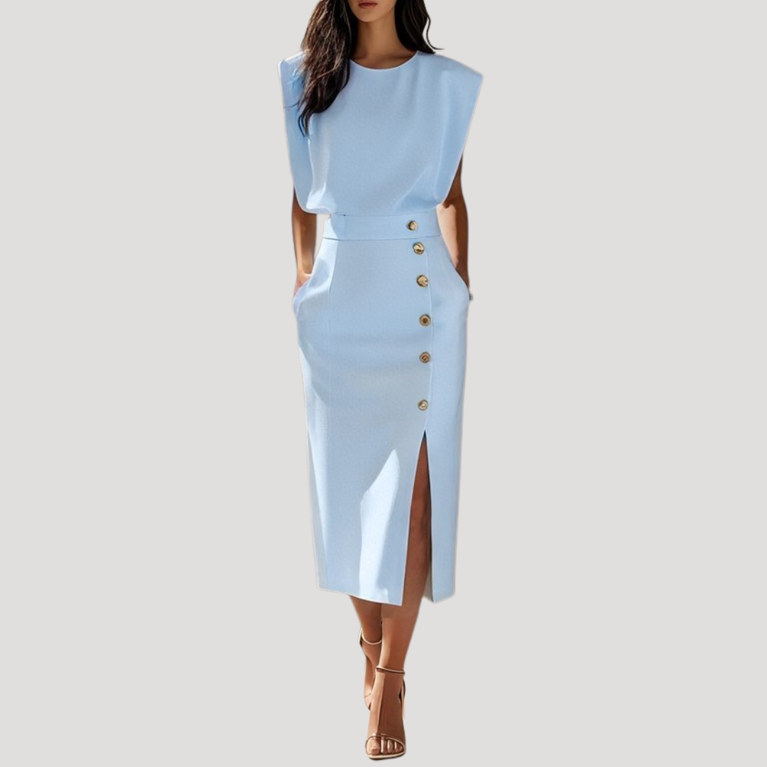 Robe midi femme polyvalente, sans manches, ceinturée. Confort et élégance pour un style estival raffiné.