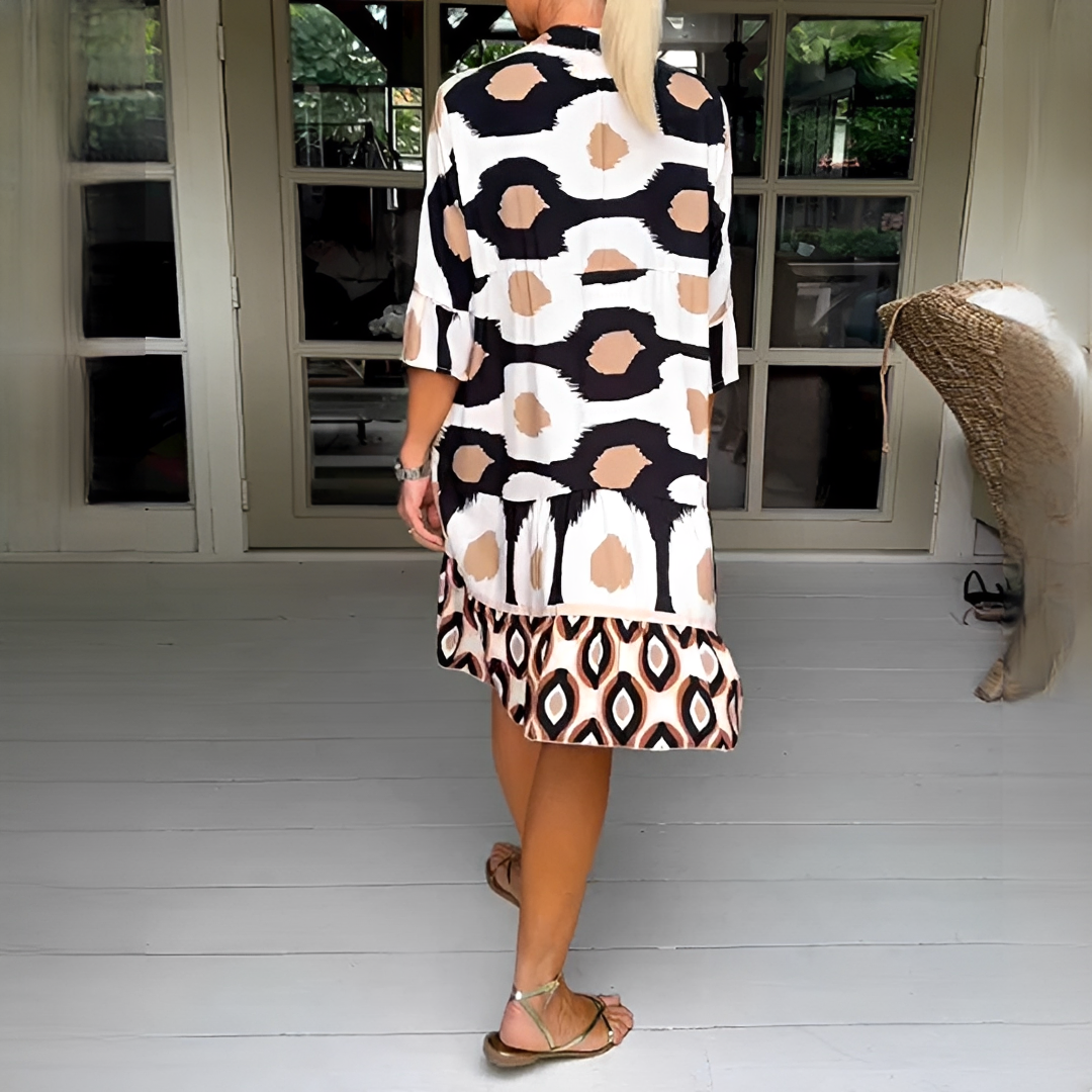 Robe d'été femme élégante, mini-robe confortable à motif, manches 3/4, idéale pour la saison estivale.
