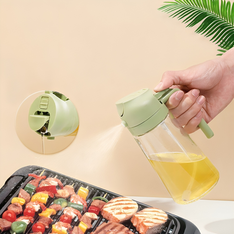 Spray à huile OilLux écologique en verre, idéal pour cuisine et salades, dosage précis.