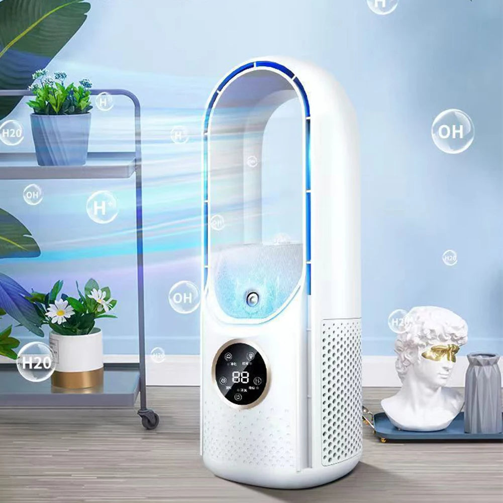 Rafraîchisseur d'air avec réservoir d'eau pour brumisation. Apporte une fraîcheur hydratante.
