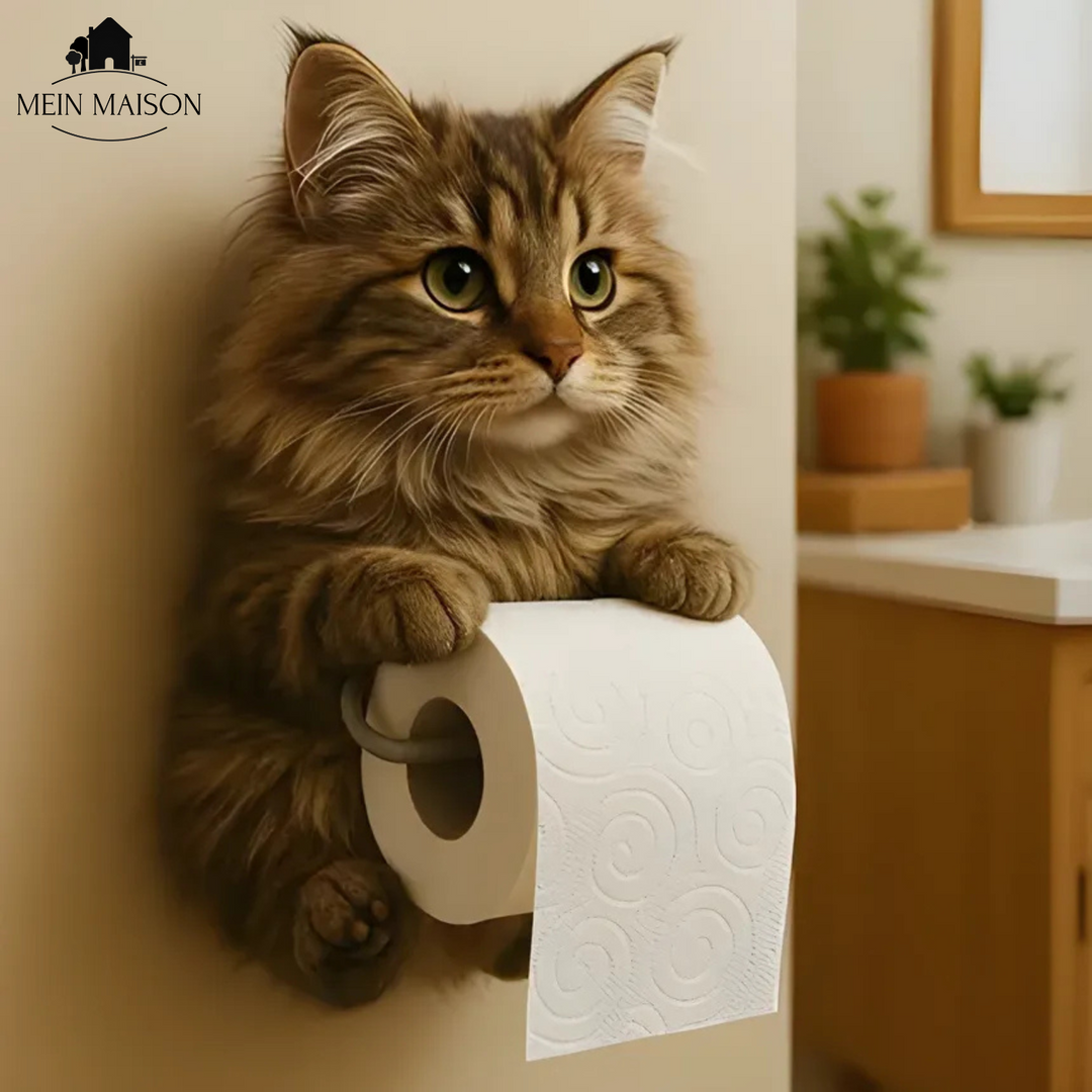 Porte-papier toilette chat amusant PurrRoll, solution de rangement murale pour salle de bain ludique.