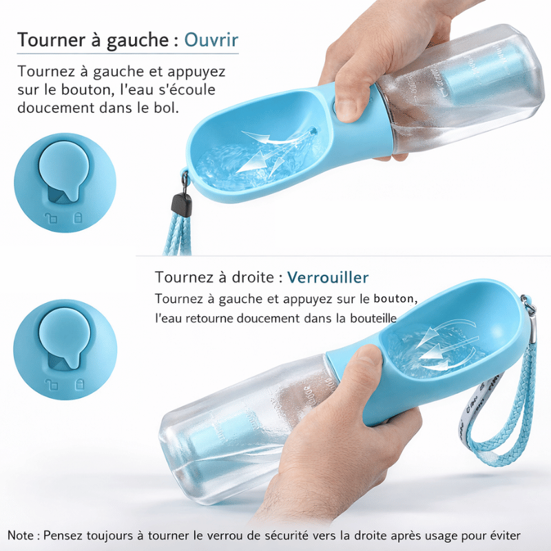 Distributeur portable d'eau et de croquettes avec support sacs intégré pour chien.