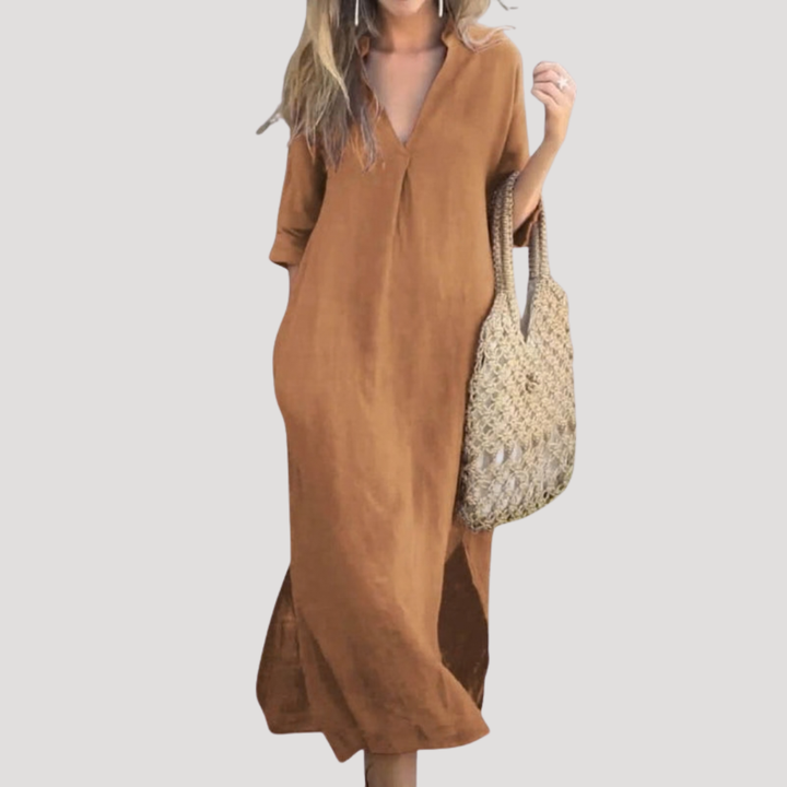 Robe midi femme élégante et confortable, style fluide idéal pour les journées d'été et look casual.