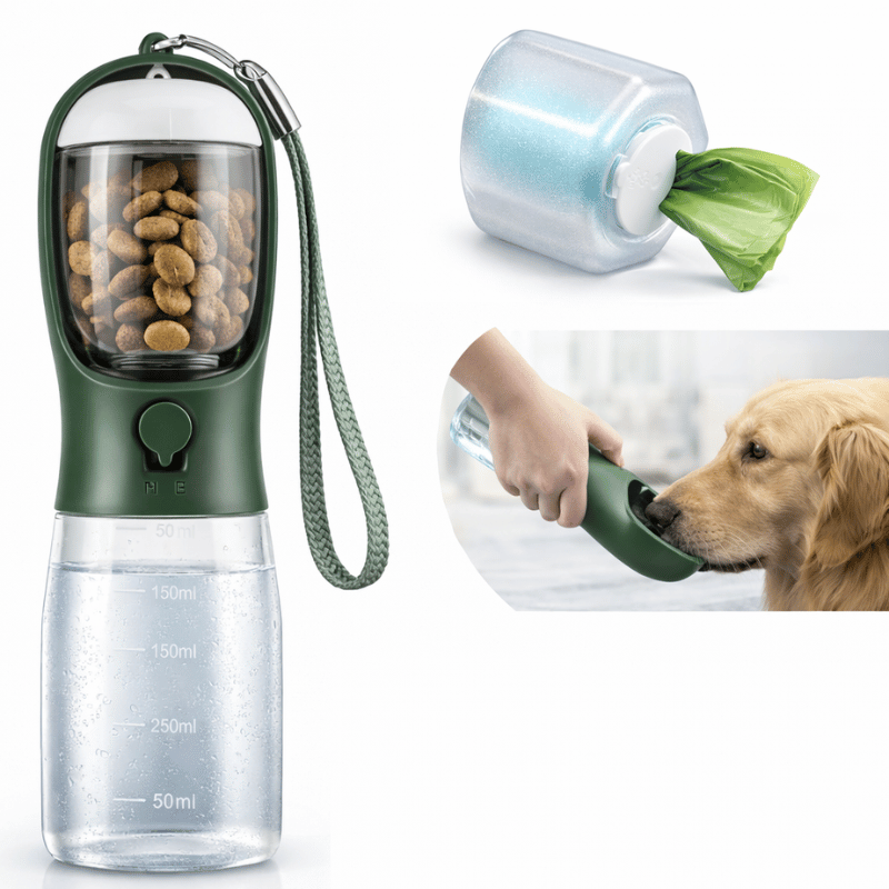 Accessoire de promenade 3-en-1 pour chien: distributeur d'eau, croquettes et sacs à déjections.