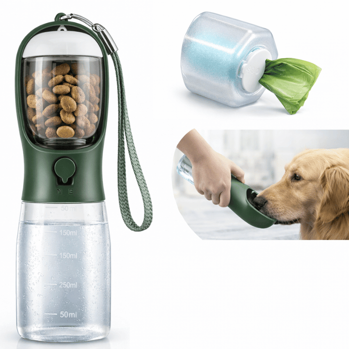 Accessoire de promenade 3-en-1 pour chien: distributeur d'eau, croquettes et sacs à déjections.