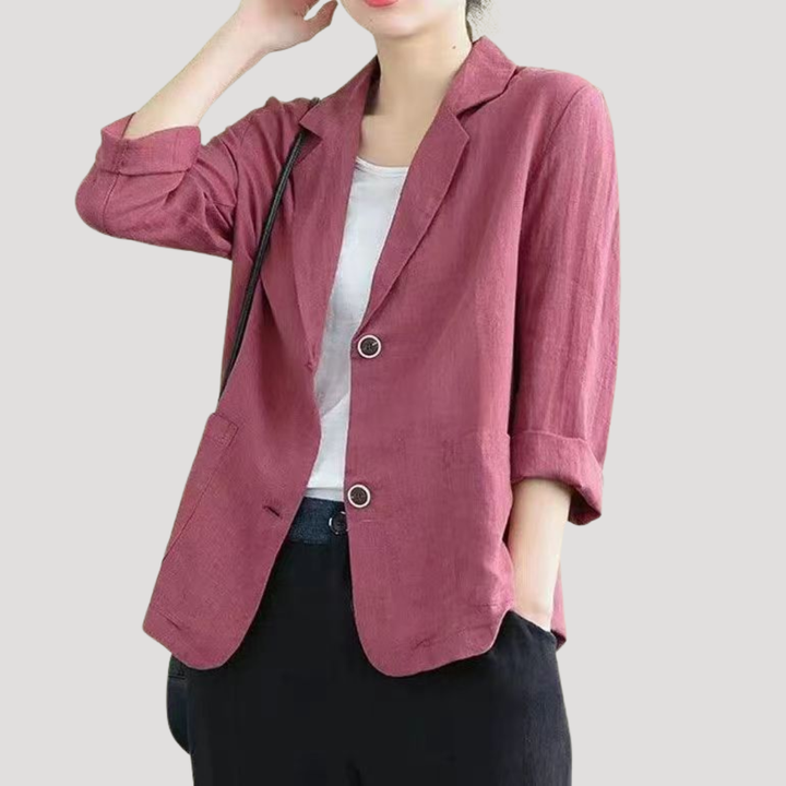 Veste blazer femme chic et polyvalente, boutonnée, idéale pour le bureau ou un style élégant au quotidien.