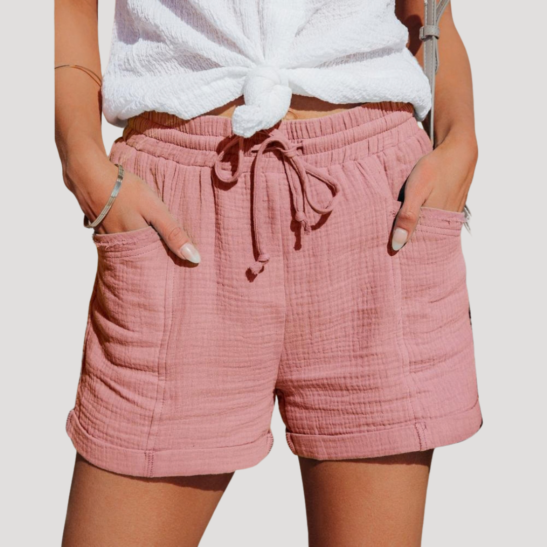 Short d'été femme, confortable et décontracté, avec taille élastique à cordon. Tenue estivale fluide et pratique.