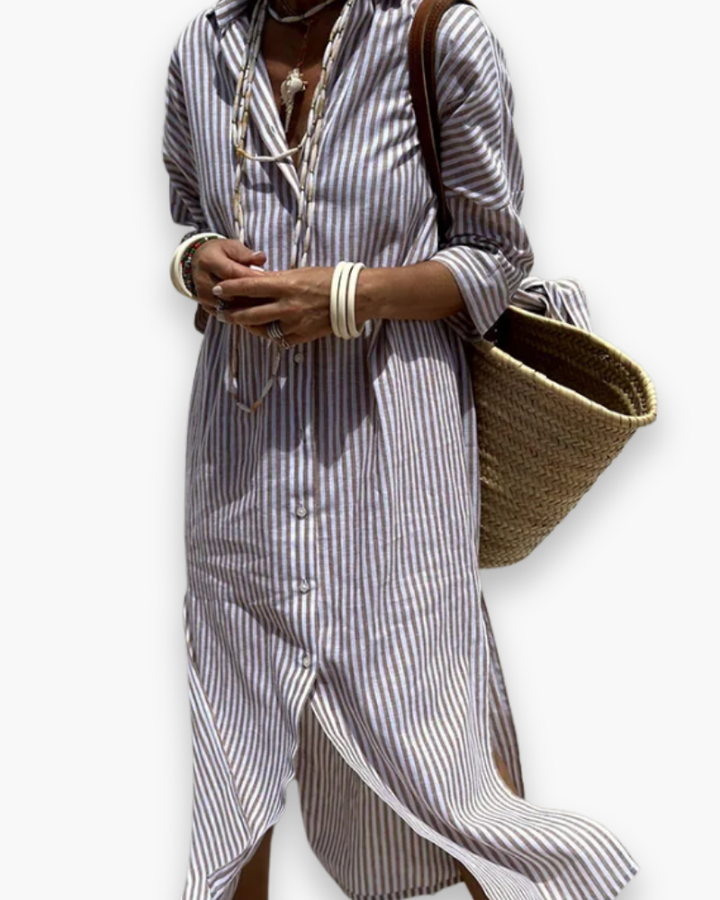 Maxi robe chemise fluide pour femme, motifs rayures, style élégant et décontracté, idéale pour l'été.