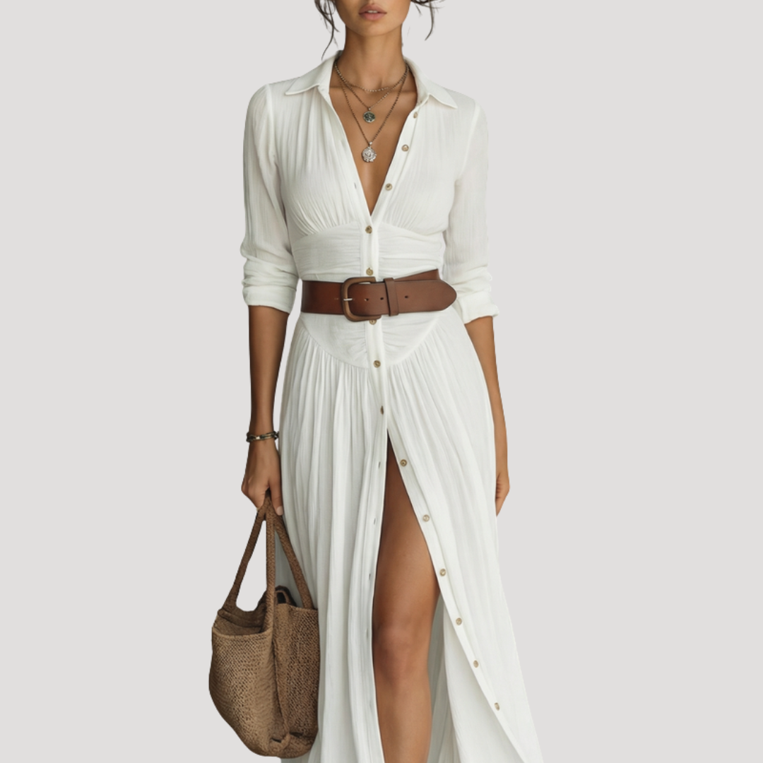 Robe longue chemise boutonnée femme, parfaite pour printemps/été. Vêtement polyvalent et confortable.