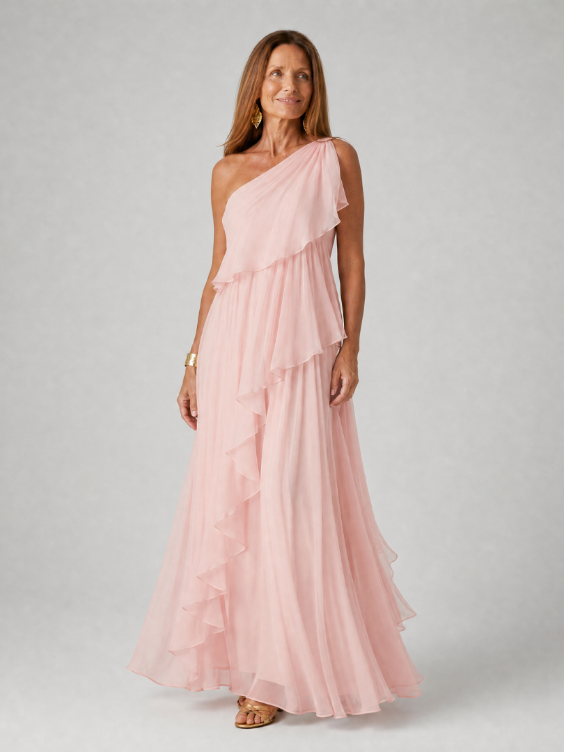 Robe longue femme romantique, asymétrique, volants délicats, parfaite pour l'été.