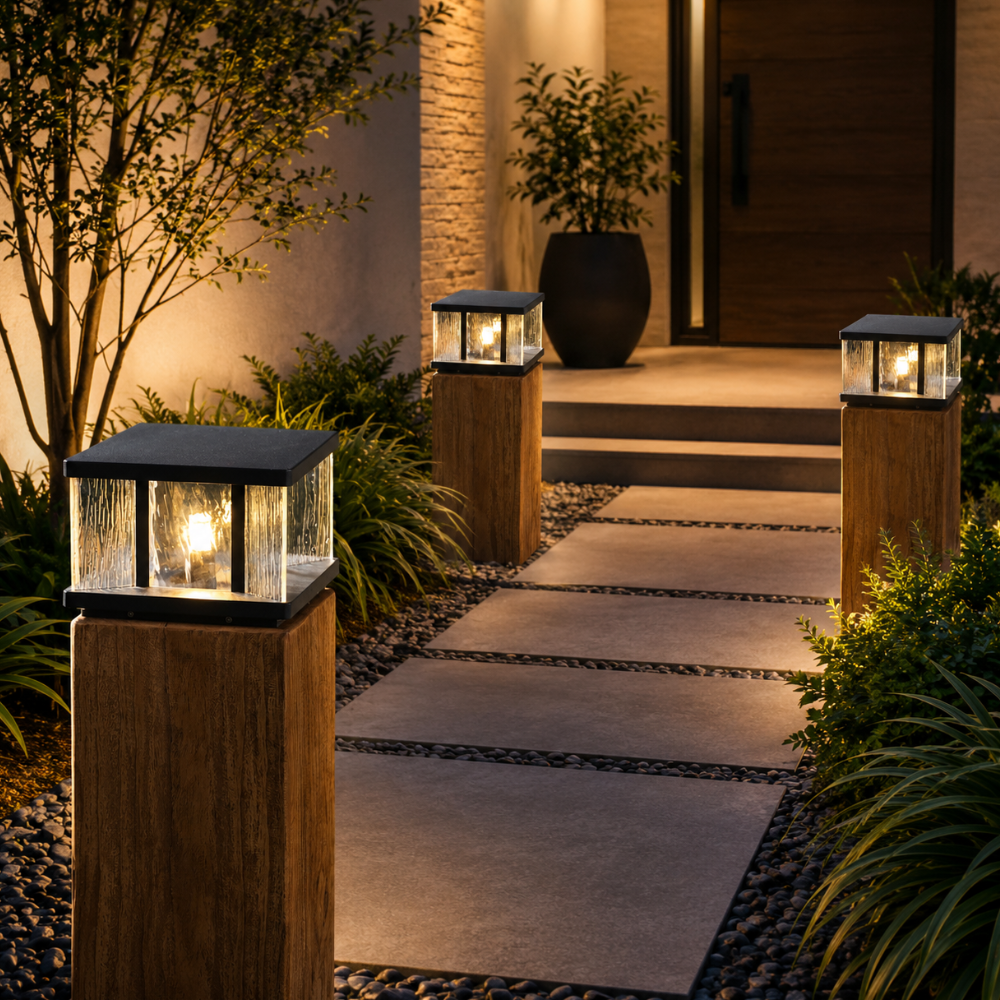 Éclairage de pilier moderne IP65 pour jardin, terrasse, et allée, sécurité accrue.