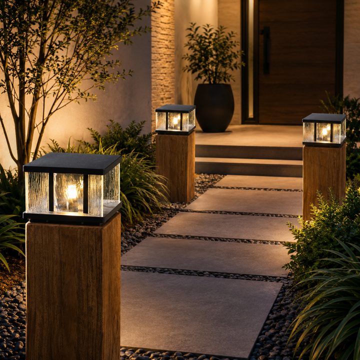 Éclairage de pilier moderne IP65 pour jardin, terrasse, et allée, sécurité accrue.