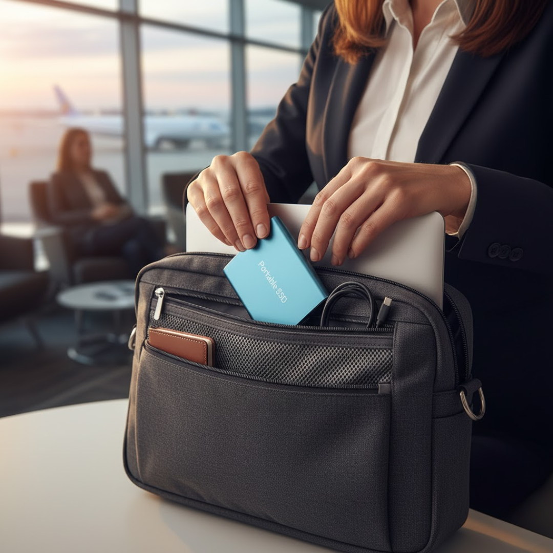 Disque SSD portable de haute performance avec connexion USB-C, parfait pour la sauvegarde rapide de fichiers.