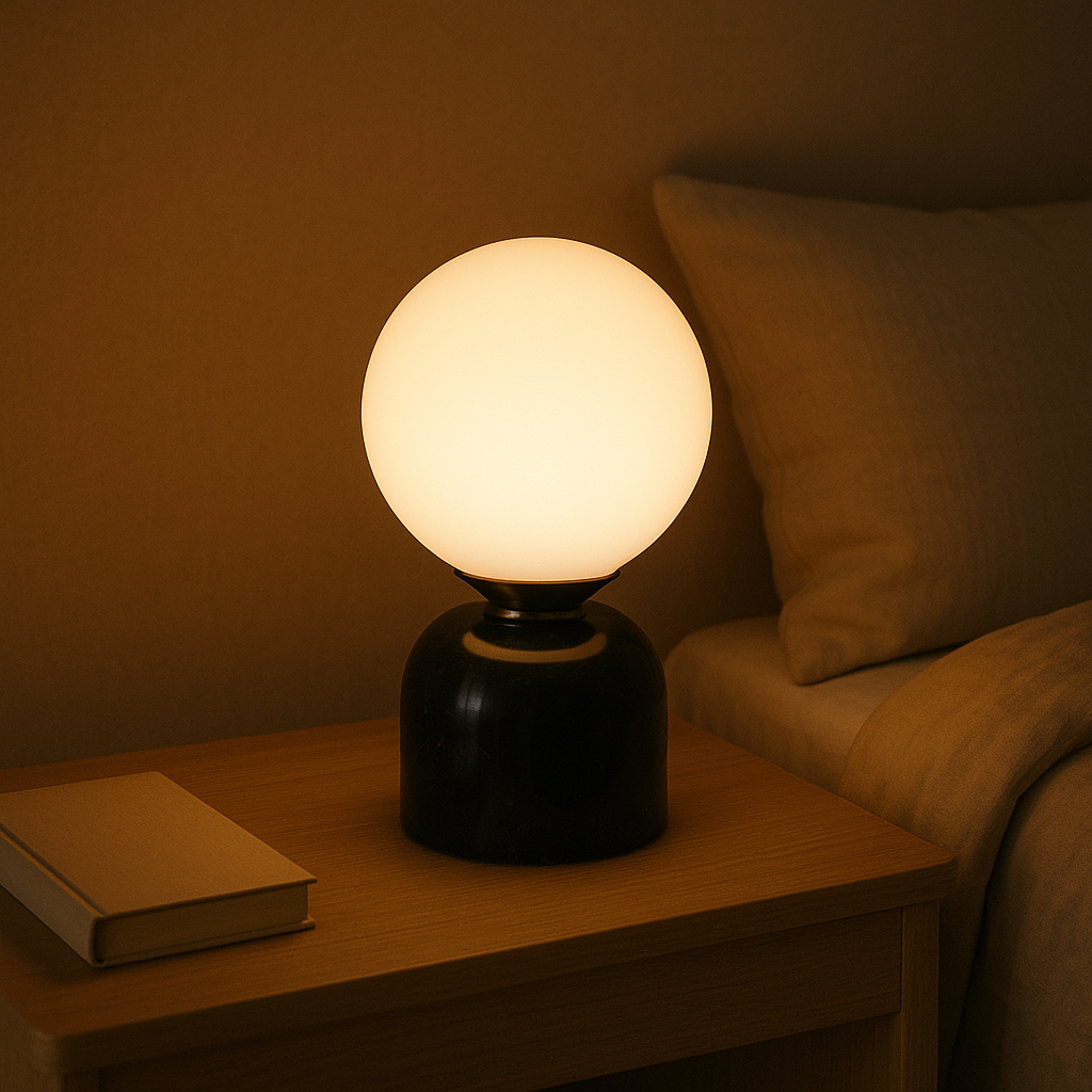 Élégante lampe de table minimaliste scandinave, structure en verre, éclairage LED pour intérieur contemporain.