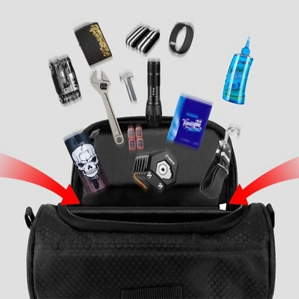 Sac de vélo étanche noir avec fenêtre tactile pour smartphone, idéal cyclisme VTT et route.