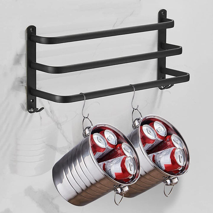 Support de serviette DrySpace en aluminium noir, design moderne, rangement mural sans perçage facile.