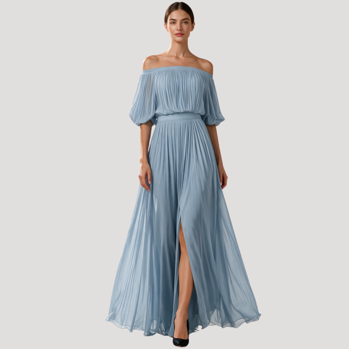 Moderne robe longue plissée pour femme, élégante et parfaite pour un mariage, cocktail ou cérémonie.