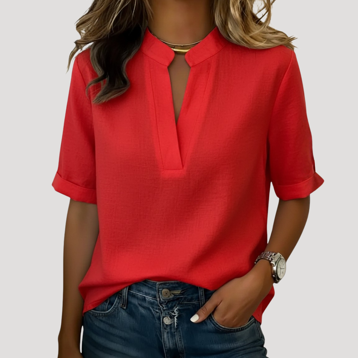 Vêtement femme: blouse chic à col V et manches courtes, élégante et décontractée pour le printemps-été.