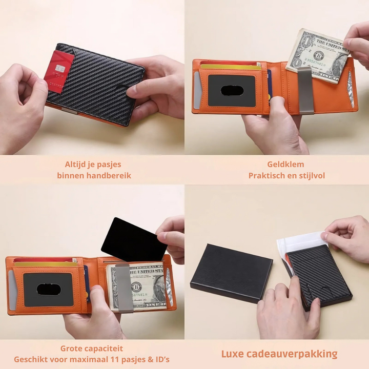 Portefeuille homme mince en cuir, rempli de cartes et billets, élégant, fonctionnel et sécurisé RFID.