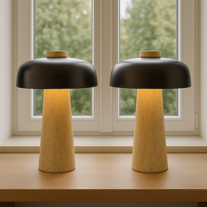 Lampe de table minimaliste en travertin, idéale pour la chambre ou le salon. Touche naturelle et design épuré.