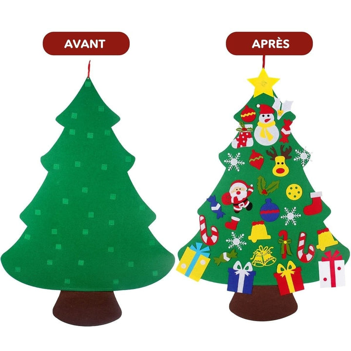 Décoration de Noël interactive pour famille: sapin en feutre pour enfants, personnalisable avec des ornements.