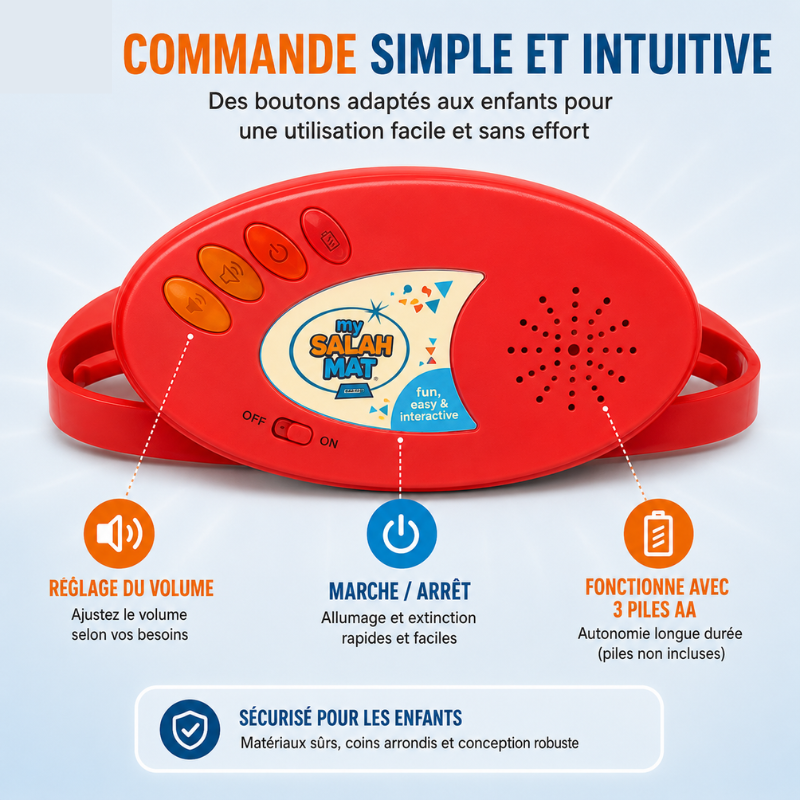 Tapis musulman interactif pour enfants, enseigne la prière islamique avec sons, lumières et étapes claires.