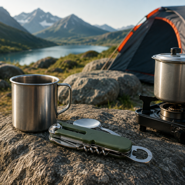 Couverts portables pour aventuriers, indispensables pour les repas en camping ou en pique-nique.