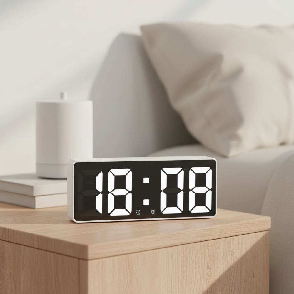 Horloge LED moderne noire, affichage numérique de la température, accessoire de chevet chic.