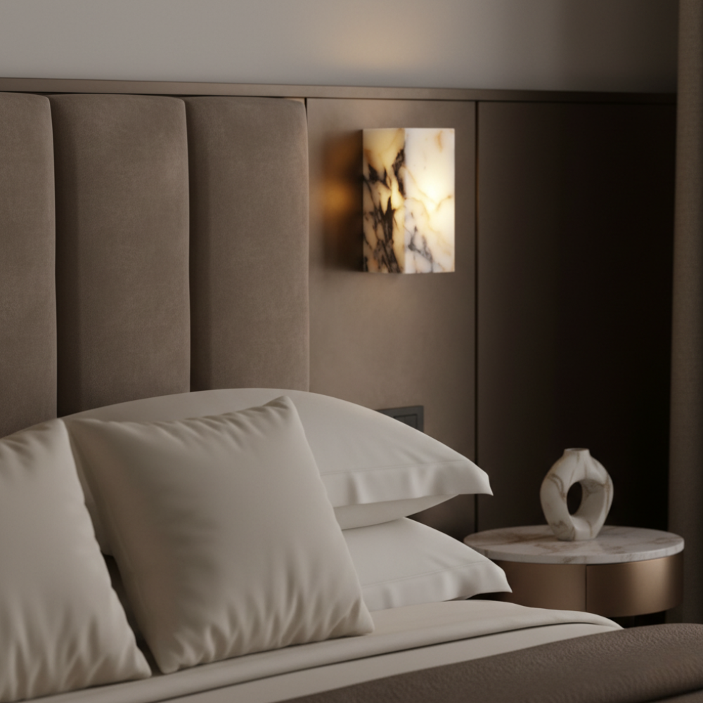 Élégante applique murale LED en marbre, idéale pour décoration intérieure et ambiance chaleureuse.