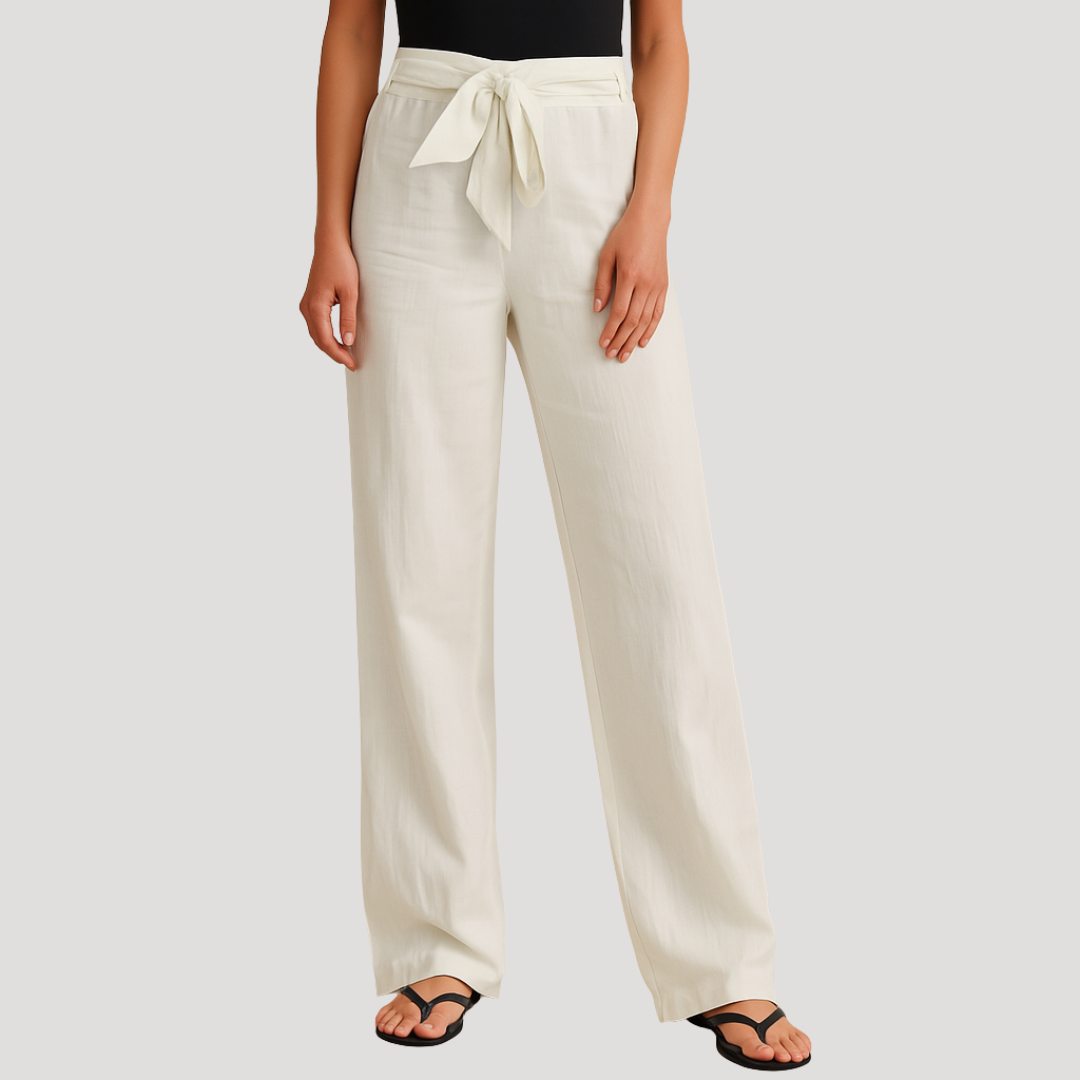 Pantalon femme ample en lin léger et respirant. Taille élastique pour un confort détente. Idéal mode été casual et fluide.