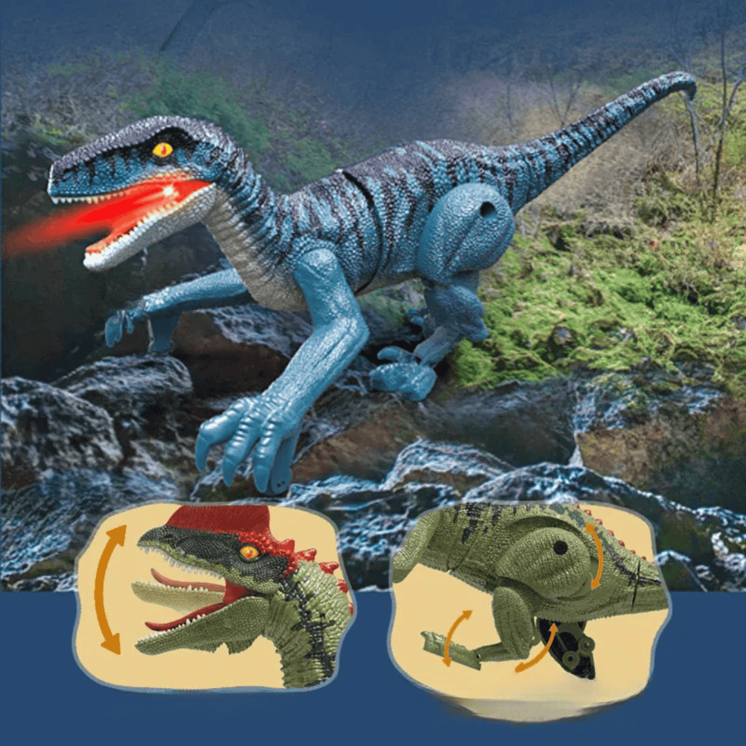 Dinosaure robot télécommandé avec lumières LED vives et sons réalistes, jeu préhistorique.