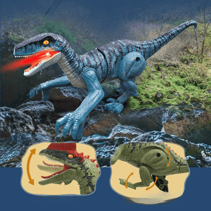 Dinosaure robot télécommandé avec lumières LED vives et sons réalistes, jeu préhistorique.