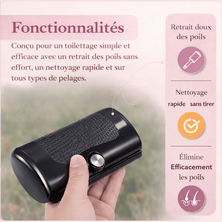 Hygiène animaux: brosse nettoyante anti-poils pour chat et chien, facile à utiliser.