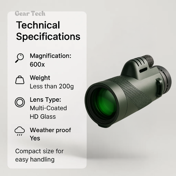 Monoculaire 600x HD étanche, léger, avec zoom puissant pour vision longue portée outdoor.