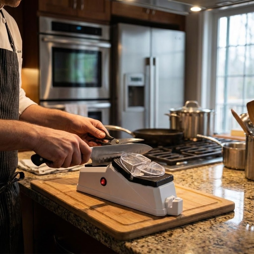 Appareil cuisine électrique pour affûtage facile et sûr de tous vos couteaux.