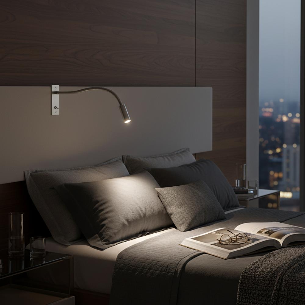 Éclairage mural LED minimaliste, idéal pour la lecture ou le travail.