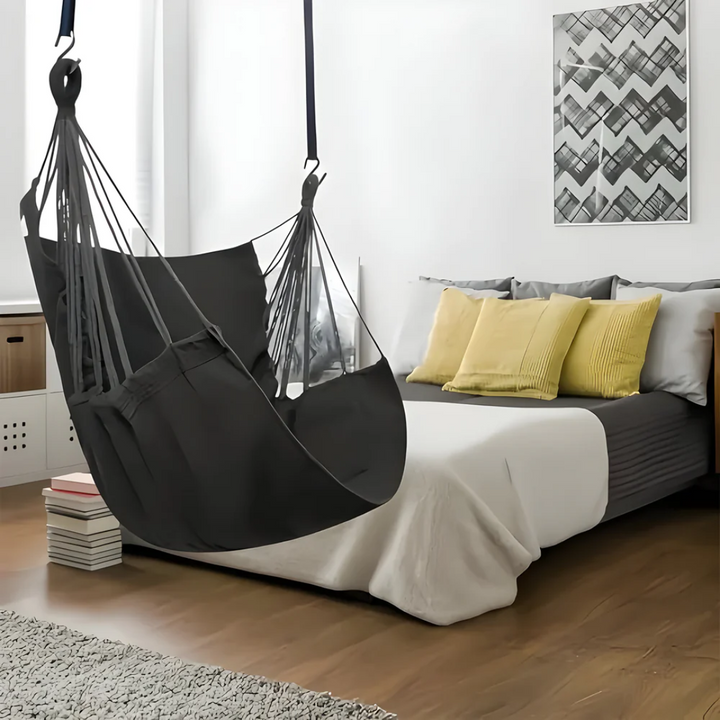 Fauteuil hamac suspendu en coton gris pour jardin, terrasse ou balcon. Idéal relaxation extérieur.