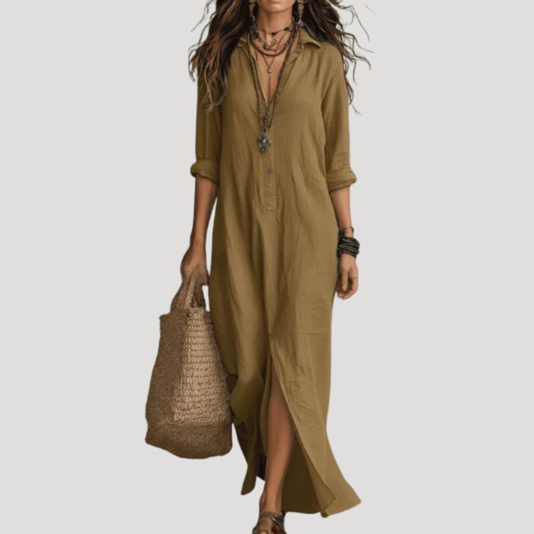 Robe longue fluide et décontractée pour femme, style bohème avec col V et fente, idéale pour le confort d'été.