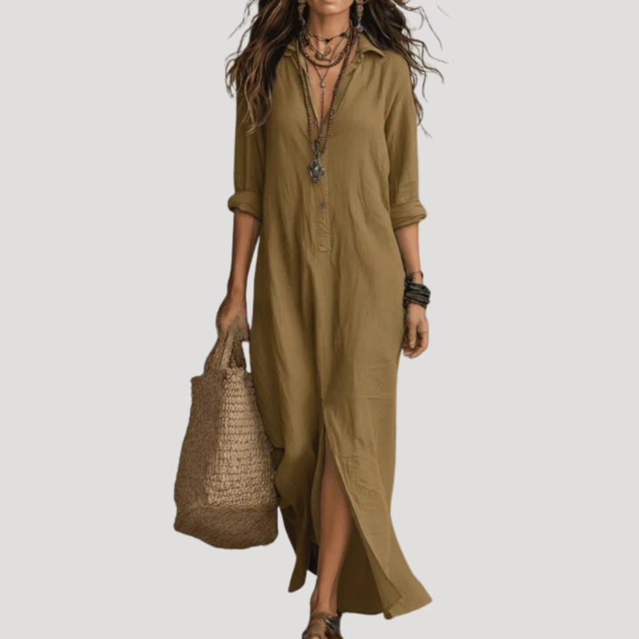Robe longue fluide et décontractée pour femme, style bohème avec col V et fente, idéale pour le confort d'été.