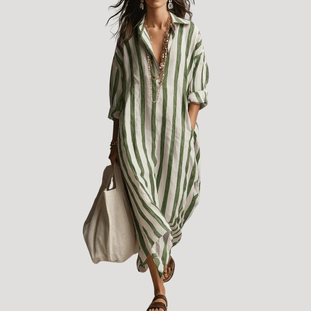 Robe chemise longue rayée décontractée, très confortable pour les vacances femme au printemps.