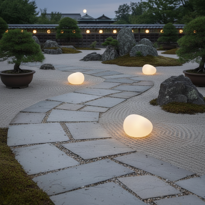 Lampe solaire LED galet étanche pour éclairage de jardin et terrasse, design moderne et efficace.