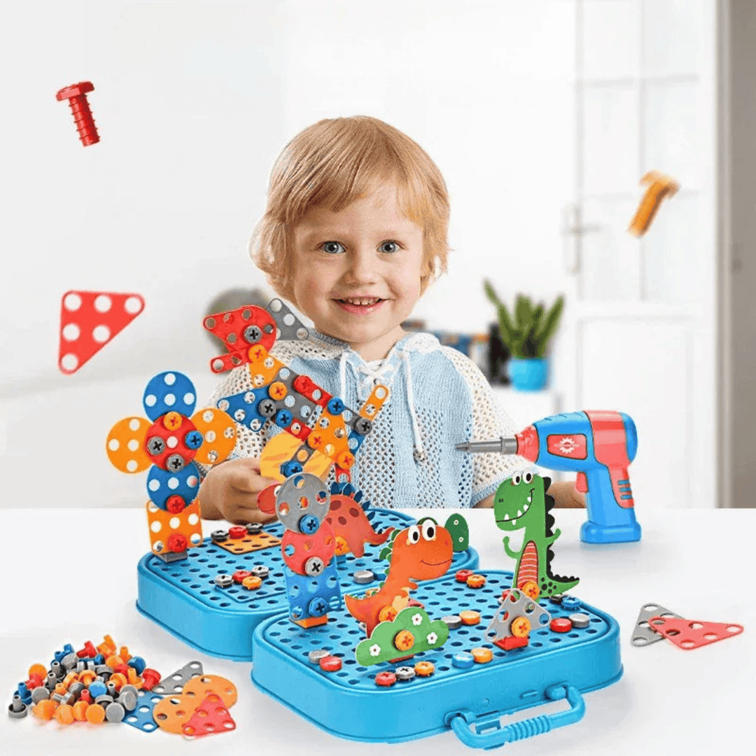Kit de construction dinosaure pour enfant, avec perceuse jouet, stimulant et développe la créativité.