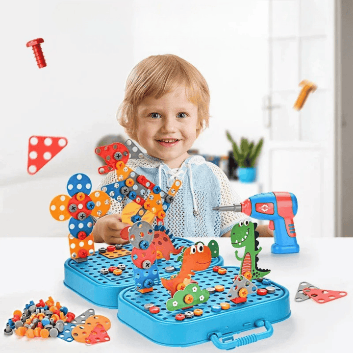 Kit de construction dinosaure pour enfant, avec perceuse jouet, stimulant et développe la créativité.