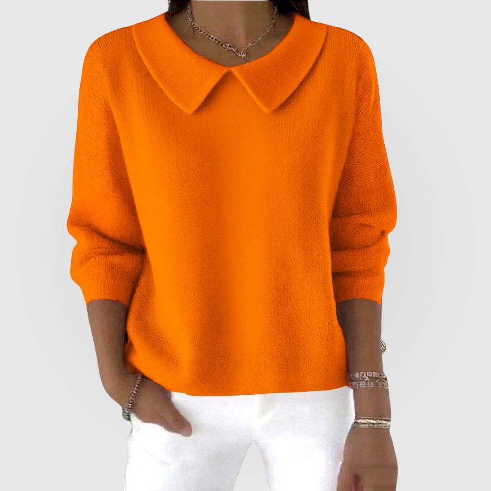 Détail du pull femme élégant: col Claudine raffiné et manches longues, alliant confort et style mode.
