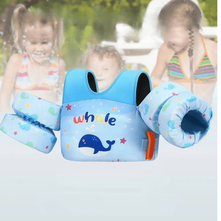 Gilet de flottaison pour enfant avec brassards intégrés, assure la sécurité des activités aquatiques estivales.