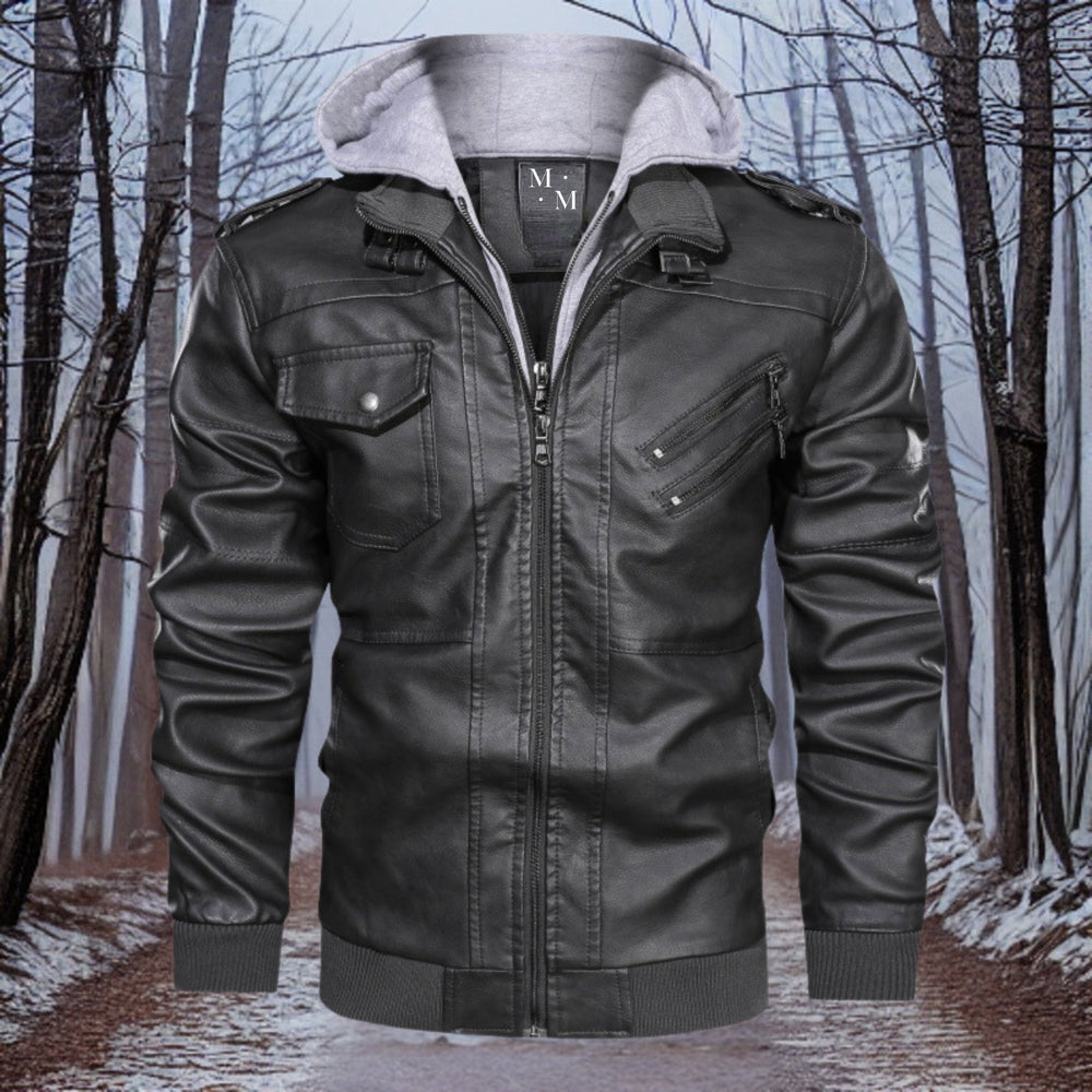 Manteau homme confortable en cuir avec capuche, offrant protection optimale pour l'hiver et l'automne.
