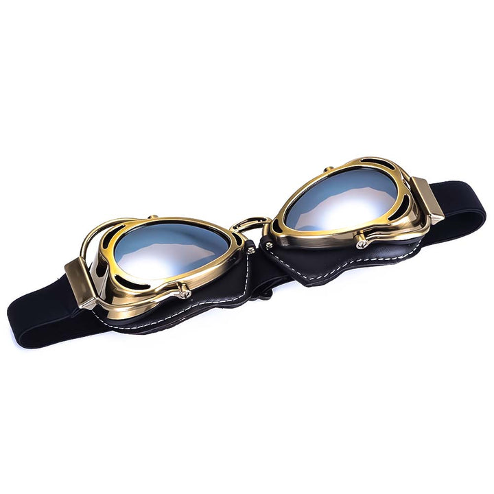 Lunettes moto pliables en cuir marron, style classique, verres transparents pour protection.